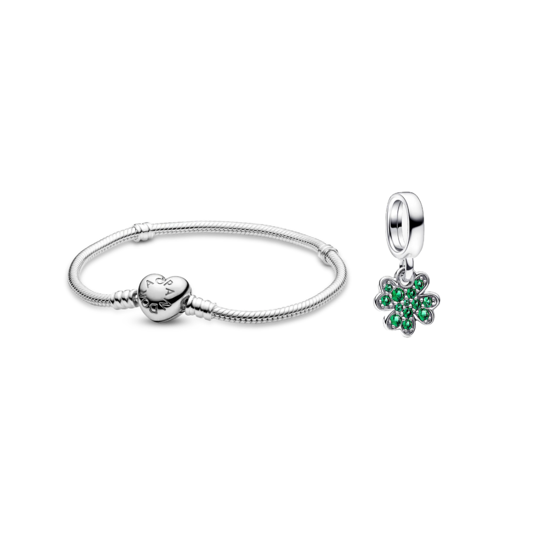 Brazalete Con Broche de Corazón + Treblol de 4 hojas Plata 925