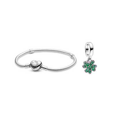 Brazalete Con Broche de Corazón + Treblol de 4 hojas Plata 925