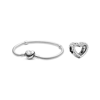 Brazalete Con Broche de Corazón + Charm corazón abierto Plata 925