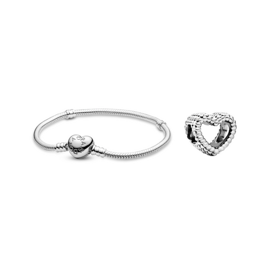 Brazalete Con Broche de Corazón + Charm corazón abierto Plata 925